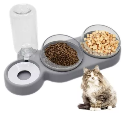Comedero 3 en 1 para Gatos – Separación de Alimentos Secos y Húmedos + Fuente de Agua Automática